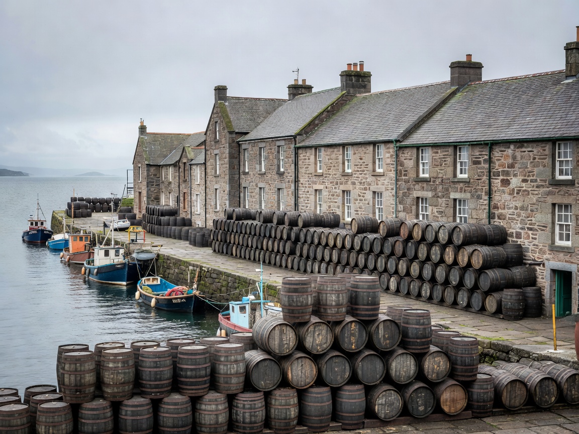 Campbeltown harbour buildings with stacked oak whisky casks