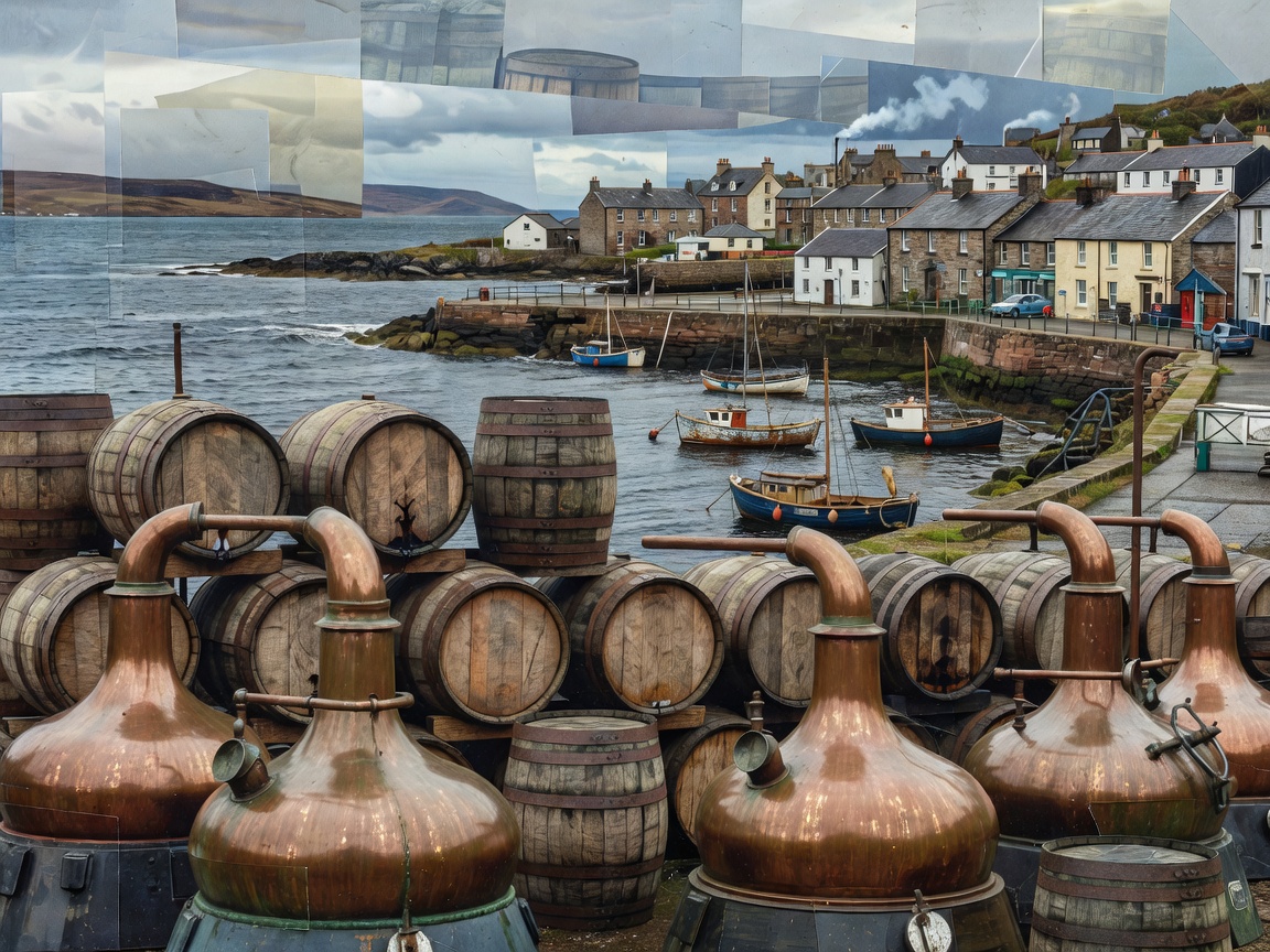 Campbeltown harbour, copper stills and oak casks in a layered collage