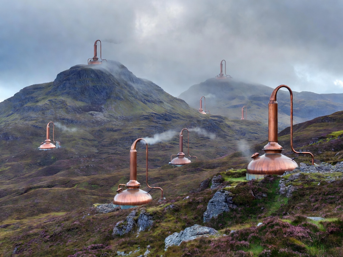 Highland mountain landscape layered with copper pot-still forms