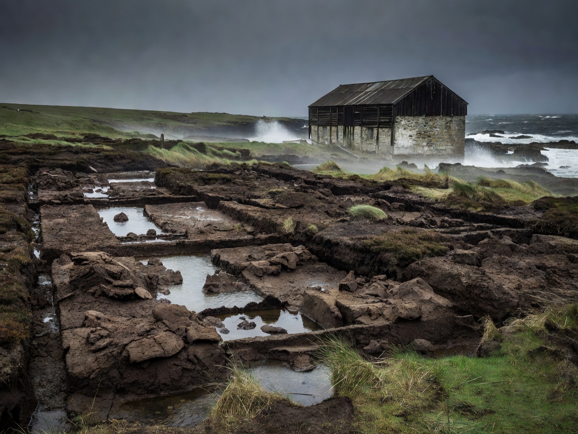 Peat-cut landscape beside a windswept Islay coast and warehouse