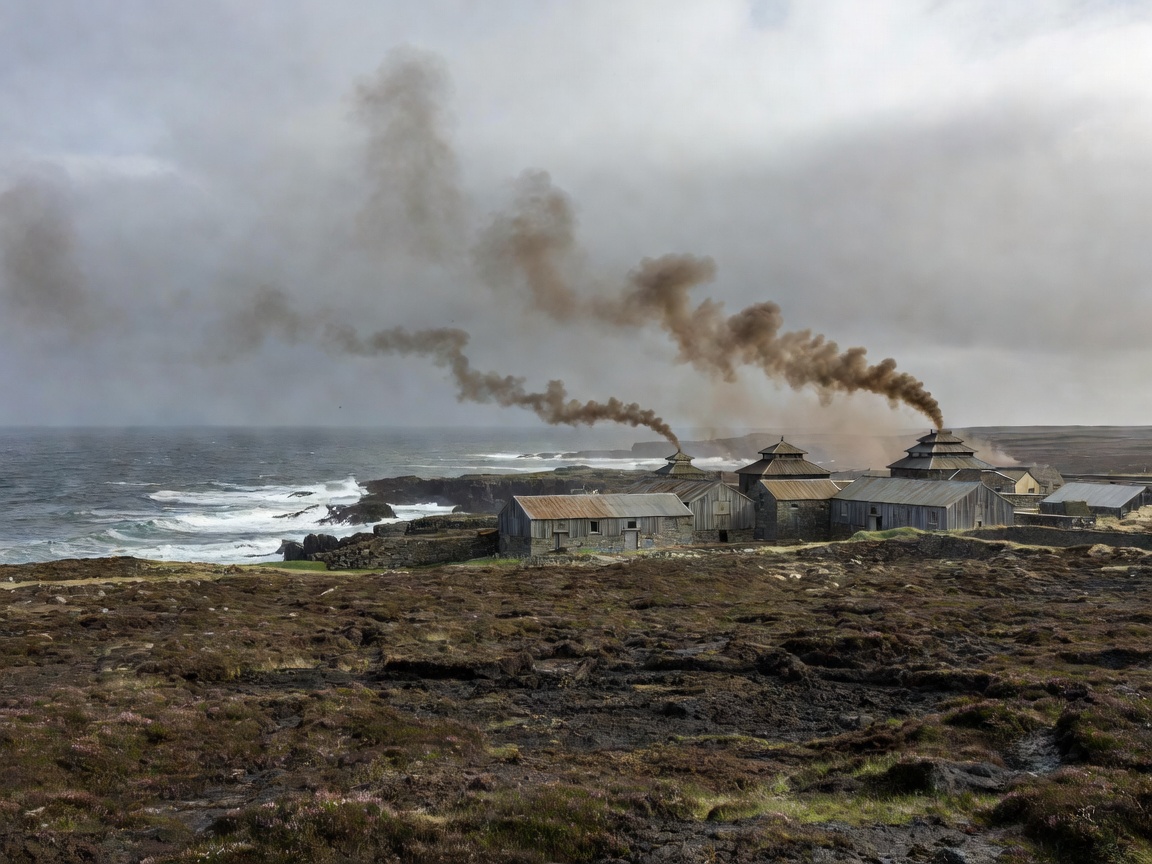 Islay peat landscape, coastal warehouses and curling kiln smoke