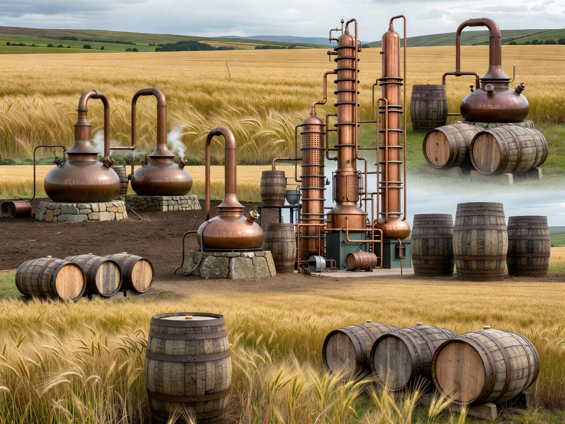 Lowland barley fields with pot stills, column still geometry and oak casks