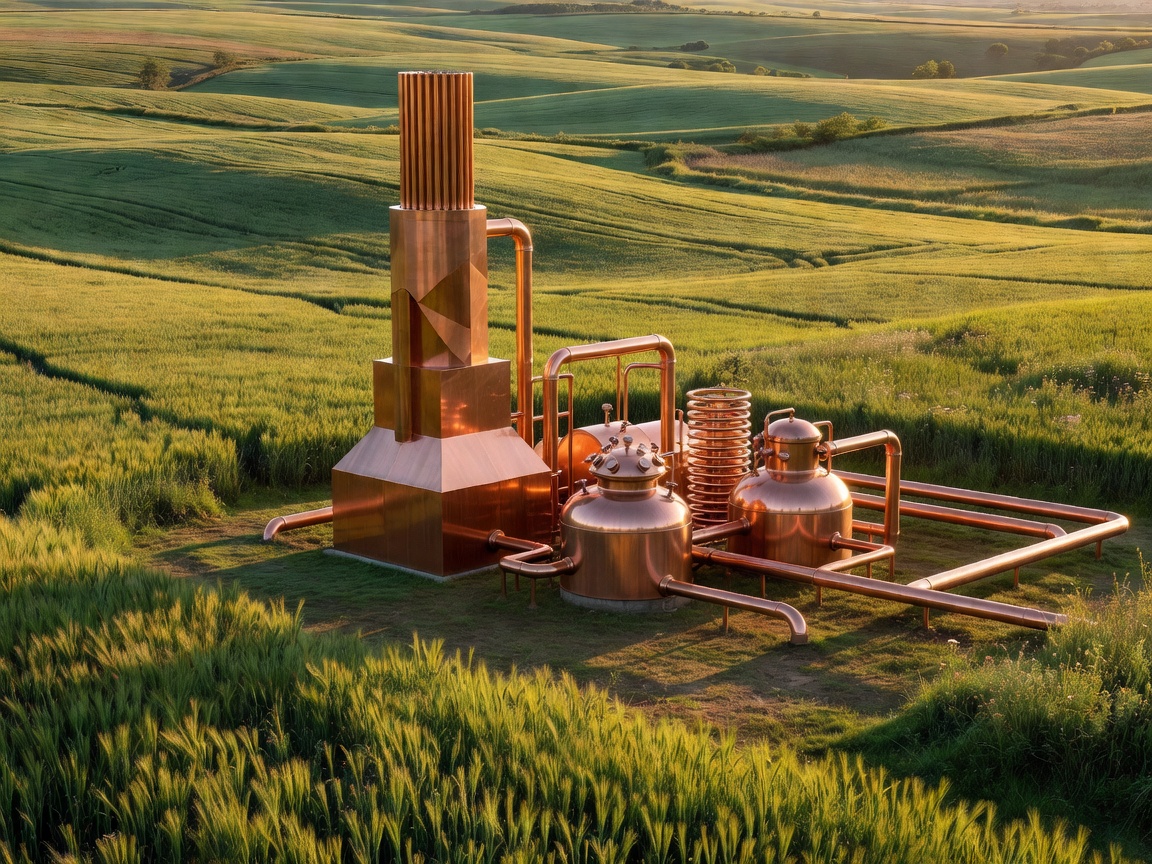 Lowland fields with geometric copper distillation equipment