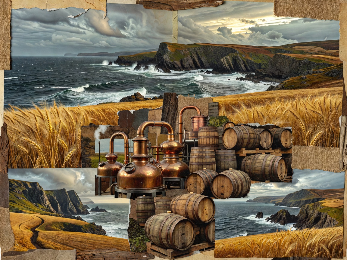 Collage of Scottish coast, barley, copper stills and oak casks