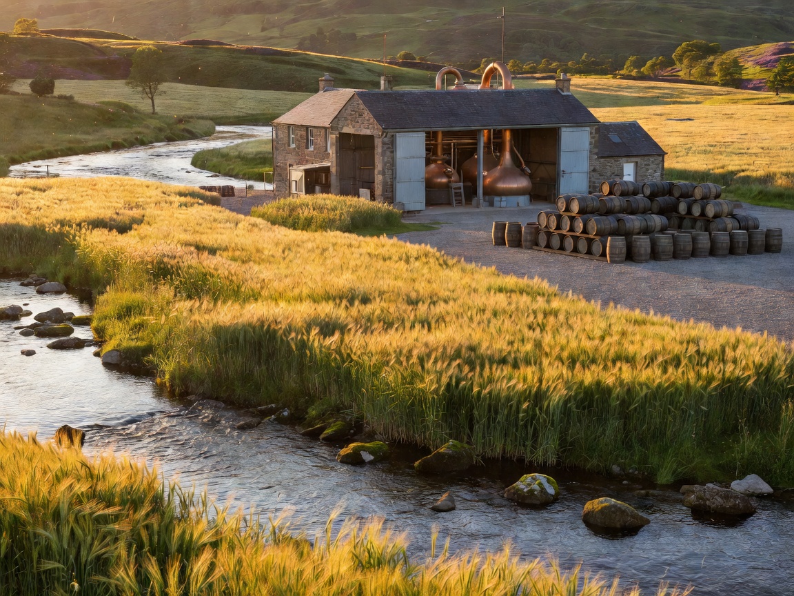 Speyside river landscape with barley, copper stills and oak casks