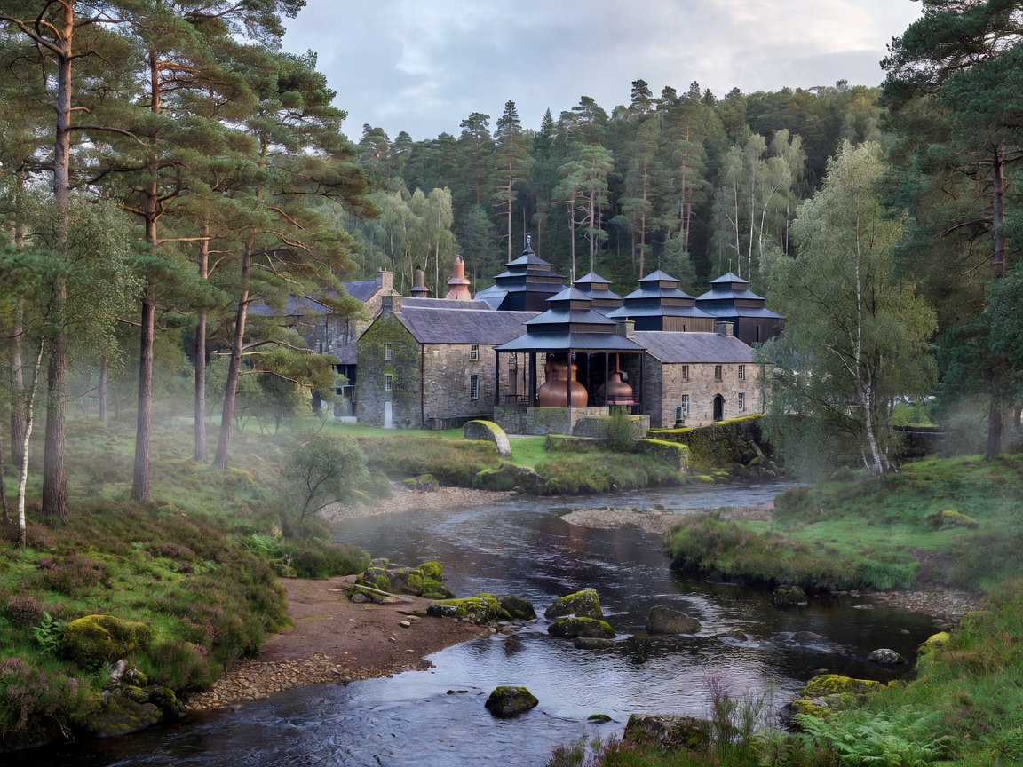 Wooded Speyside river valley with traditional distillery buildings